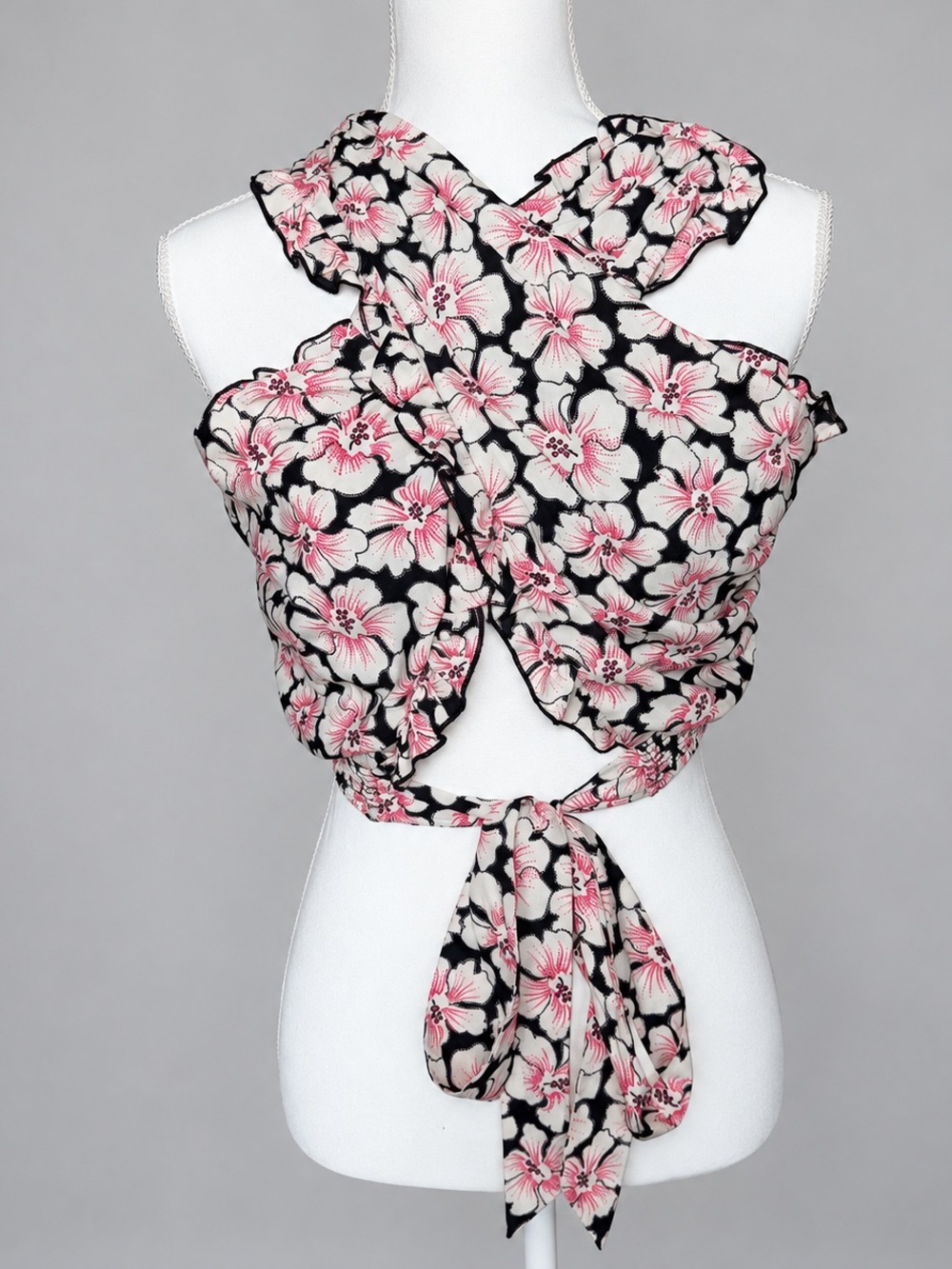Anthropologie Let Me Be Floral Ruffle Crop Top XXS Open Back Tie